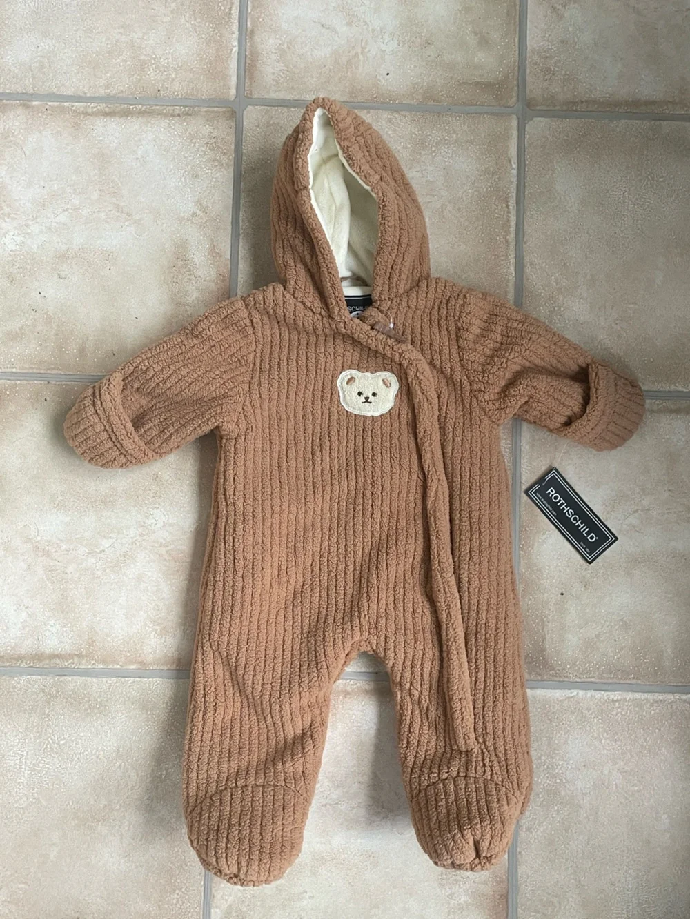 NWT Rothschild brown teddy bear cozy hooded baby onesie; size 6-9 months